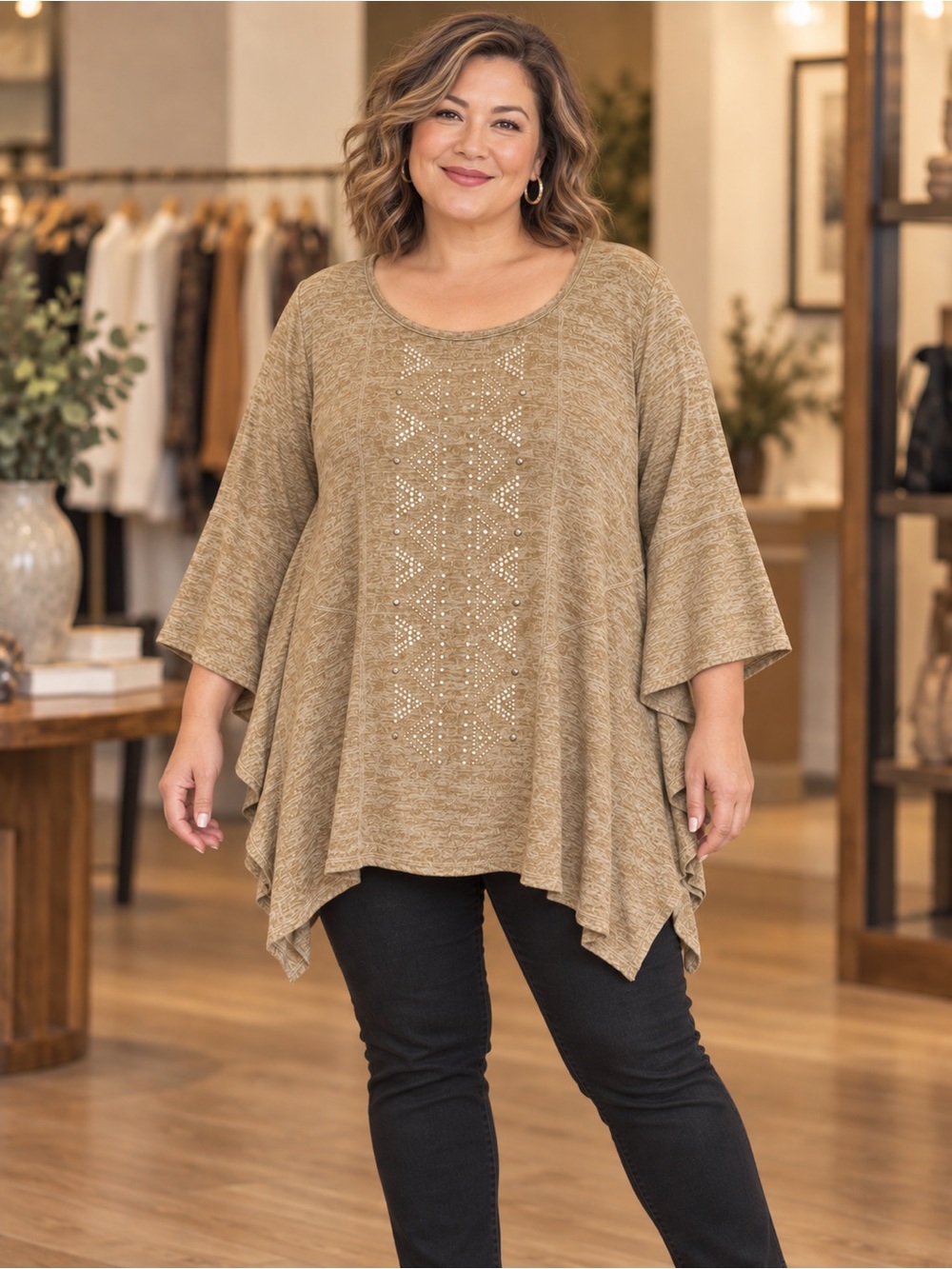 Madison & Berkeley Tan Embellished Knit Top